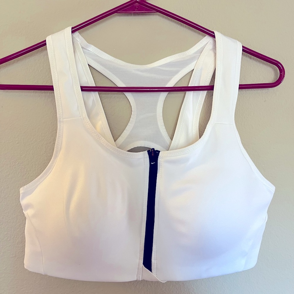 Nike Sports Bra. White with Black zipper and logo.